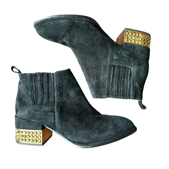 Jeffrey Campbell Metcalf-J2 Black Suede Chelsea Ankle Bootie Jeweled Heel - Picture 2 of 16